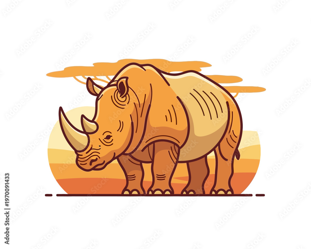 Fototapeta premium Stylized rhinoceros illustration with a sunset savanna background.