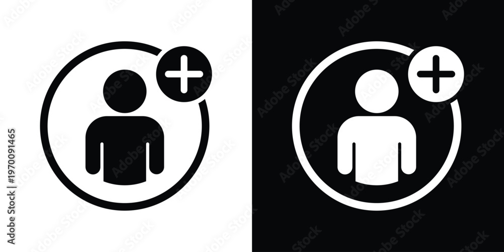 Fototapeta premium Profile silhouette icon with a plus sign in a circle. Professional vector graphic for adding friends, creating a new account, user registration, and social networking actions.