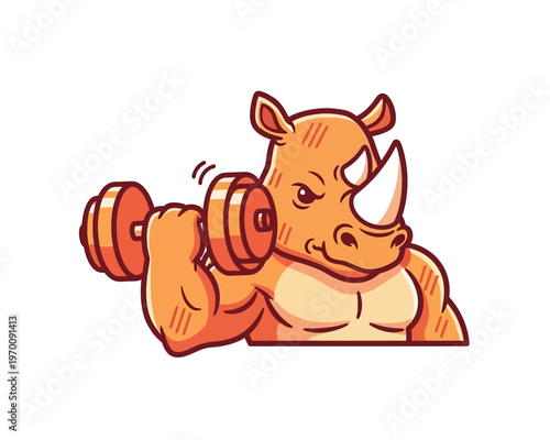 A cartoon muscular rhino mascot lifting a dumbbell, symbolizing strength and fitness.