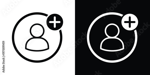 Profile silhouette icon with a plus sign in a circle. Professional vector graphic for adding friends, creating a new account, user registration, and social networking actions.