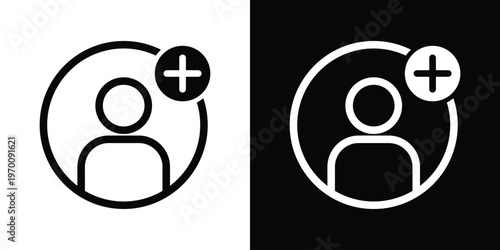 Profile silhouette icon with a plus sign in a circle. Professional vector graphic for adding friends, creating a new account, user registration, and social networking actions.