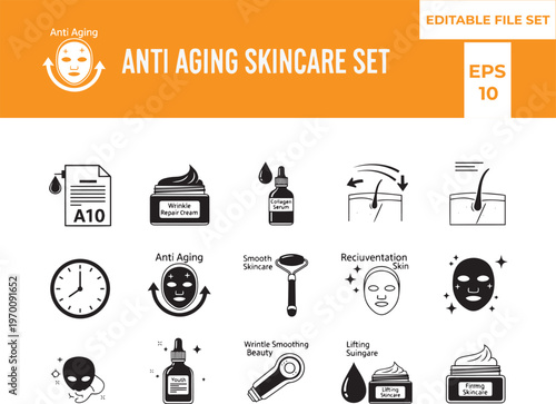 Anti Aging Skincare Icon Set for Wrinkle Repair Collagen Serum and Skin Rejuvenation