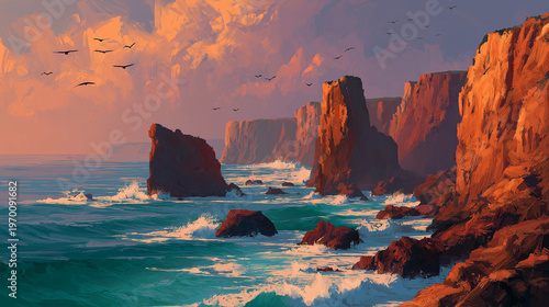 Towering rust-red and ochre sea cliffs plunging hundreds of feet into a churning turquoise ocean, with powerful waves crashing and spraying white foam against jagged rock formations