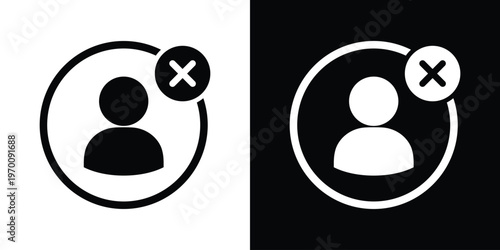Vector illustration of a person profile icon with a delete cross mark in a circle. Minimalist flat design for account management, blocking, or user removal interfaces.