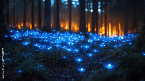 Enchanted Forest Scene with Glowing Blue Mushrooms at Twilight