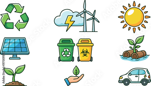 Environmental sustainability icons for eco-friendly business and conservation concepts
