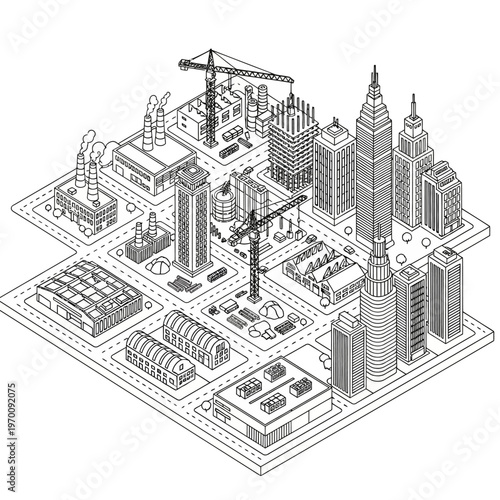 Isometric Cityscape with Skyscrapers and Industrial Buildings Under Construction.