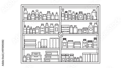 Detailed Line Art Illustration of a Well-Organized Storage Shelf or Pharmacy Cabinet Filled with Various Bottles, Jars, and Boxes for Supplies