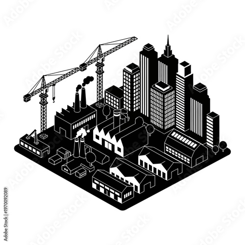 Isometric illustration of a city with industrial buildings and skyscrapers.