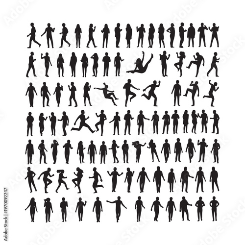 Black silhouette of diverse people walking in rows diverse figures crowd group