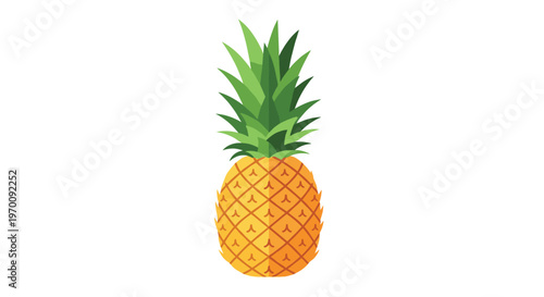 A vibrant whole pineapple with a lush green crown and a meticulously detailed golden-orange textured skin stands prominently against a clean white backdrop.