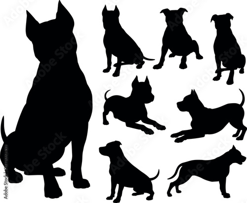 Collection of dog silhouettes isolated on white background, various poses of domestic canine breeds, black vector illustration for pet design projects