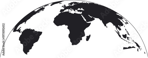 Dark minimalist world map with curved horizon perspective, abstract global earth illustration for business, technology, travel, and modern design concepts