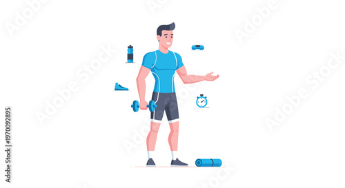 A fit muscular man in vibrant blue workout attire holds a heavy dumbbell while surrounded by various floating fitness icons on a clean white background.