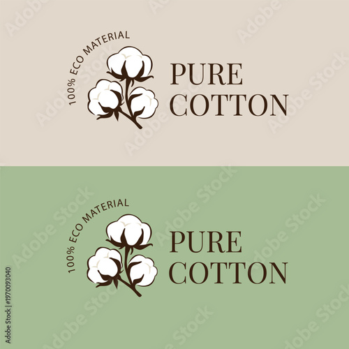 Pure cotton eco label with cotton plant illustration and text 100 percent eco material. Natural fabric branding design for textile, packaging and organic products. Minimal modern style.