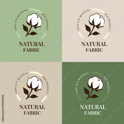 Natural fabric eco label with cotton plant illustration and bio product text. Organic textile branding design for packaging, clothing and sustainable materials. Minimal modern eco style.