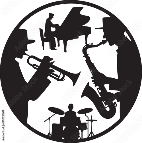 Jazz Band Musicians and Ballroom Dancing Silhouette