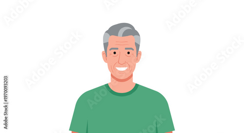 A cheerful elderly man with short grey hair and a warm friendly smile wears a casual green t-shirt while posing against a minimalist white background.