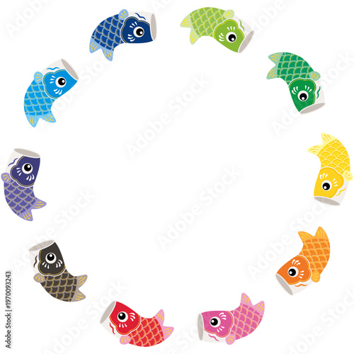 跳ねるかわいい鯉のぼりの円形フレームのイラスト（カラフル）