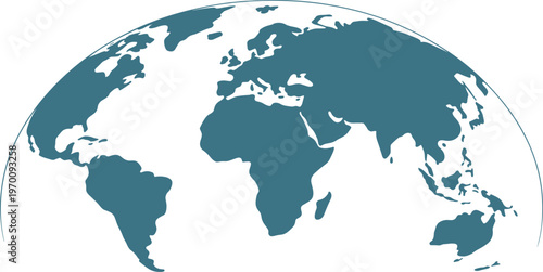 Minimal flat world map illustration with hemispherical projection, clean global continents silhouette, modern earth design for travel, education, and business concepts