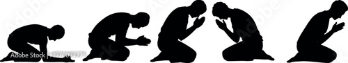 Praying man silhouettes in kneeling positions isolated on white background, spiritual worship concept, religious devotion illustration, minimal black human figure set
