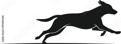 Black silhouette of a dog running with its tongue out and tail up.