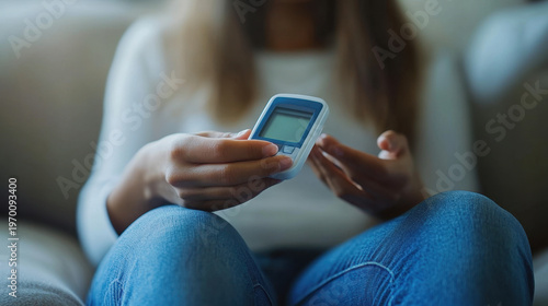 Woman Using Blood Glucose Meter While Sitting on Couch at Home