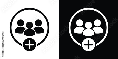 Three people silhouettes inside a circle with a large plus symbol at the bottom. Concept for recruitment, adding members to a group, or growing a community. Black and white vector set.