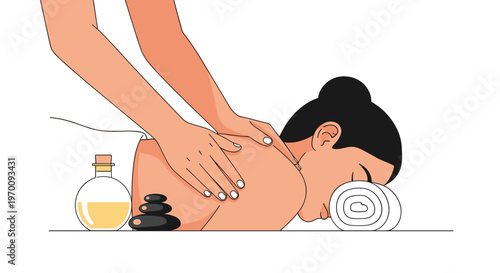 A serene woman enjoys a relaxing therapeutic back massage while lying down next to smooth volcanic stones and a clear glass bottle of golden essential oil.
