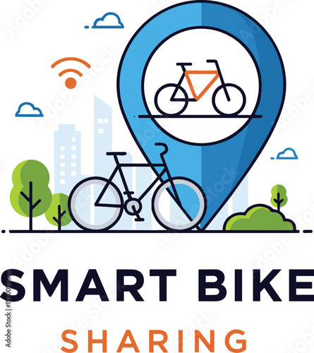 An illustrative design showcases a location pin containing a bicycle representing a smart bike sharing concept in an urban setting 