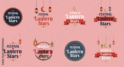 A decorative arrangement showcases repeating festival logos with lantern imagery and crescent moons against a soft pink backdrop high quality professional detailed modern