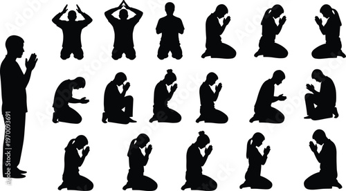 Silhouettes of people praying in various kneeling and standing positions.