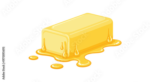 A rectangular slab of creamy yellow butter sits on a white surface while melting into smooth golden droplets and a glossy pool of delicious liquid fat.