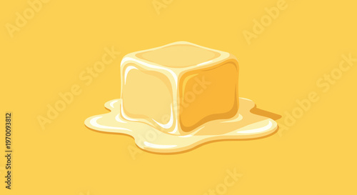 A single square cube of rich yellow butter melts slowly against a matching vibrant yellow background creating a soft puddle of creamy golden liquid fat.