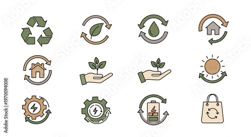 Eco-Friendly Sustainability and Renewable Energy Line Icons Set for Environmental Protection
