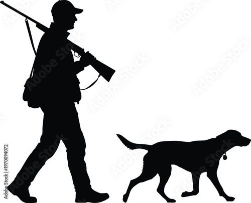 Silhouette of a hunter with a rifle and his dog walking side by side in a park or outdoor setting.