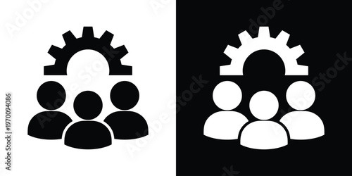 Vector icon of a team of three people under a mechanical gear. Concept for workforce management, industrial cooperation, technical team, and organized labor in black and white styles.