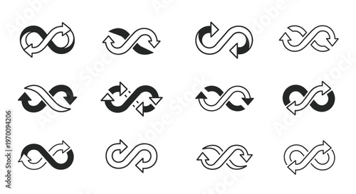 Infinity loop arrow icons. Endless cycle symbol collection. Continuous flow concept.