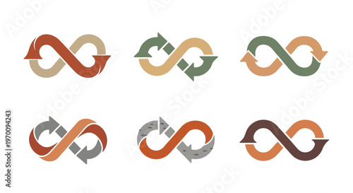 Infinity loop arrow symbols set. Continuous cycle and recycling icons.