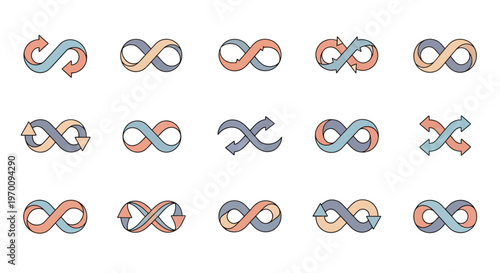 Infinity symbols with arrows set, endless loop cycle icons collection