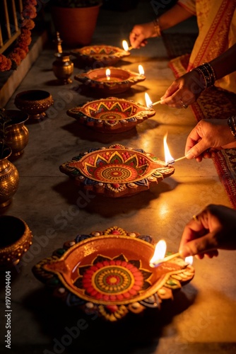 Wallpaper Mural Close-up of hands lighting traditional diyas on a table with a warm and festive atmosphere in a dark room. Torontodigital.ca