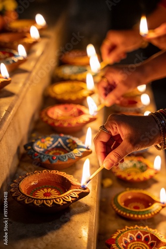 Wallpaper Mural Close-up of hands lighting colorful diyas with candles on a stone ledge in a dark room with warm tones. Torontodigital.ca