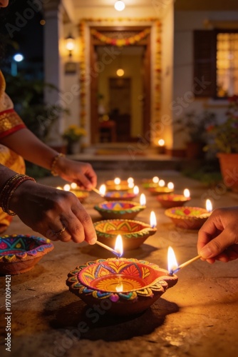 Wallpaper Mural Hands lighting diyas with candles on a decorated table outside a house with festive lighting at night in a warm and cozy atmosphere. Torontodigital.ca