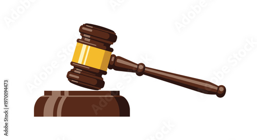 A polished dark wood judge's gavel featuring a bright golden metallic band rests diagonally above a matching circular wooden sound block on a white background.