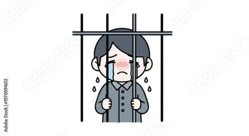 A young boy with blushing cheeks and large blue tears streaming down his face stands sadly behind the cold grey metal bars of a dark, gloomy prison cell.