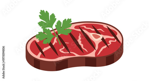 A succulent grilled beef steak featuring deep dark char marks and a vibrant green sprig of fresh parsley sits ready for serving on a white background.