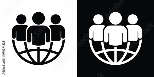 Icon representing a global community or international workforce. Three people silhouettes positioned over a globe grid. Ideal for global business, networking, and worldwide connectivity.