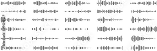 Black volume audio podcast sound waves. Audio sound wave. Waveforms frequency voice microphone signals. Music soundwaves tune equalizer vector set 