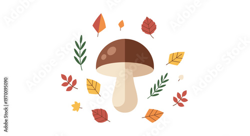 A central brown porcini mushroom stands surrounded by a circular arrangement of colorful falling autumn leaves in shades of orange, yellow, and green on white.