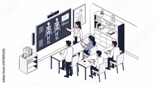 Isometric Medical Classroom with Professor Teaching Anatomy to Students on Digital Screen